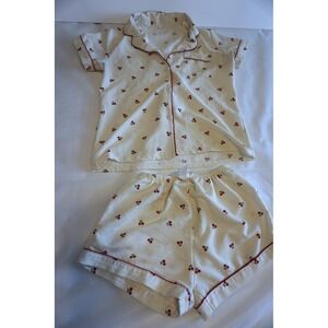 Cherry Print Pajama Set Cream Red Piped Seersucker Short Sleeve Shorts Womens S